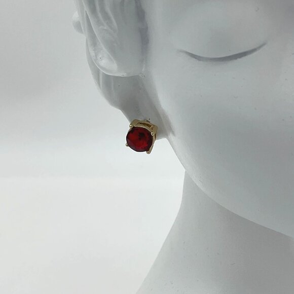Ruby Red Rhinestone Round Cut Gold Tone Pierced Stud Earrings 0.25in - Picture 4 of 4
